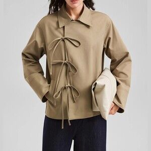 Tan Woven Bow Tie Front Collared Long Sleeve Short Trench Coat Jacket